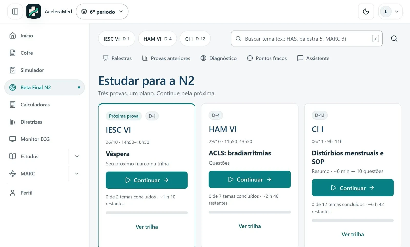 Tela real da Reta Final N2 com as três provas e os dias que faltam